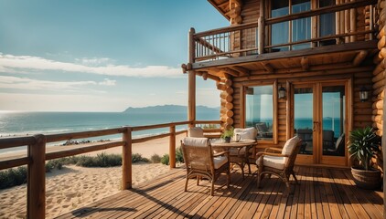 Wall Mural - log cabin theme private luxury balcony with view of the beach from Generative AI