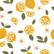 Seamless pattern with flowers and lemons. Modern exotic design for decor of wallpaper, wrapping paper.