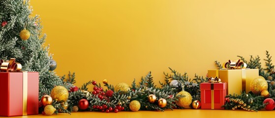 Sticker - A 3D rendering of Christmas decorations with a gift box on a yellow background.