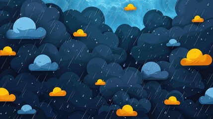 severe weather alert banner with yellow shapes on black clouds and water drops. broadcasting communi