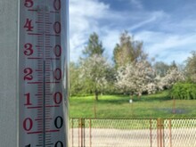 Record High Temperature On Thermometer In Shade Outside Window In April In Southern Poland In 2024. 29 Degrees Celsius, Blooming Trees And Blue Sky In Background. Topics: Weather, Weather Anomalies