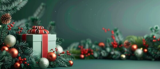 Canvas Print - Gift box with Christmas decorations on green background. 3D rendering.