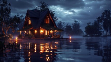 Wall Mural - A house sitting on a lake at night