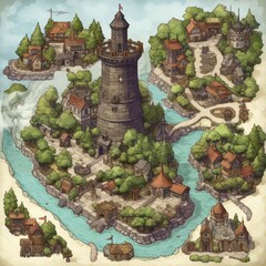 Canvas Print - map of a fantasy village surrounded by a wooden wall featuring guard towers and entrances on the north and south