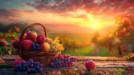 Wall Mural - Imagine a sundown harvest scenario where a basket of fruit rests on a wooden table, embraced by the enchanting colors of the setting sun