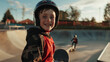 A little boy in a helmet is smiling and holding a skateboard in his hands. A child learns to skate. He standing in a skate park
