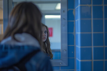 Canvas Print - In the solitude of a school bathroom - a student's sad reflection in the mirror captures the internal struggle and entrapment of bullying