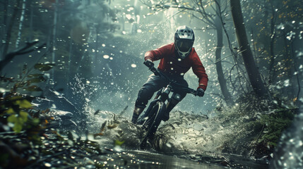 Wall Mural - A man in a motorcycle helmet and a red jacket rides a mountain bike through the forest past a small puddle