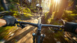 A man rides a mountain bike along a beautiful forest road on a sunny summer day, a first-person view.