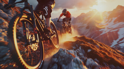 Wall Mural - Two guys on mountain bikes are riding along a dangerous narrow mountain trail at sunset. Two people on bicycles