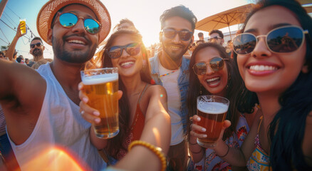 Wall Mural - A group of Indian friends, men and women aged between their late 20s to early thirties, were having fun at an outdoor party in the afternoon sun