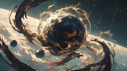Wall Mural - Two planets in space, A dark fantasy scene with a purple background and a cosmic atmosphere. Colorful.