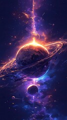 Wall Mural - Two planets in space, A dark fantasy scene with a purple background and a cosmic atmosphere. Colorful.