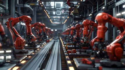 Wall Mural - A panoramic shot of a modern automotive assembly line, with robotic arms and conveyor belts working seamlessly to produce vehicles with efficiency.
