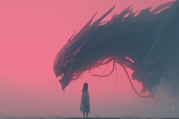 Canvas Print - A huge alien is walking next to the woman, she has an elongated head and long neck, pink light from behind, minimalism