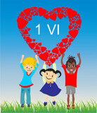 Fototapeta  - composition with children in the meadow holding a red heart