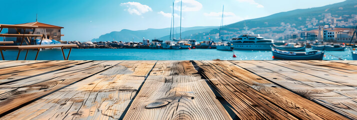 Wall Mural - an empty wooden table overlooking the harbor