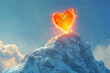 3D burning heart on the peak of a snow mountain, represent passion