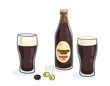 One bottle and two glasses of dark beer with snack. Picture in line style. Black outline with colored spots. Isolated on white background. Vector flat illustration. 