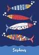 Sardines. Poster with colorful fish. Cute illustration.