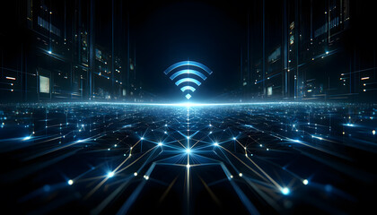 concept of advanced digital connectivity and data flow, showing glowing digital icons Wi-Fi signals, power symbols.