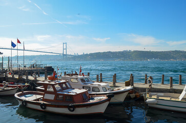 Wall Mural - boats in the harbor and bosphorus view of istanbul