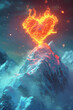 © grey - 3D burning heart on the peak of a snow mountain, represent passion