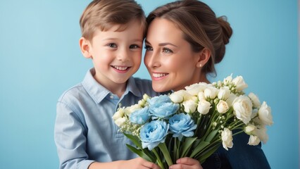 child son gives flowers for mother on holiday happy mother's day