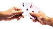 Two hands holding two aces poker cards isolated on transparent background.