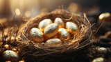 Fototapeta Paryż - Beautiful Seasonal Easter Eggs In The Nest During Sunrise Selective Focus