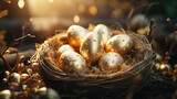 Fototapeta Paryż - Colorful Easter Eggs Nestled In The Barn Background Blur