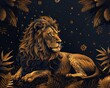 Opulent golden line art of a regal lion amidst a forest setting, elegantly crafted to capture the essence of power and nobility on a luxurious backdrop