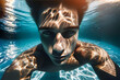 Un hombre buceando haciéndose una foto bajo el agua clara y azul de una piscina con causticas.
