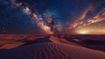 A vast desert landscape, wind-sculpted sand dunes stretching to the horizon under a starlit night sky