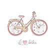 Cute bicycle in continuous line style pastel coloured with pink heart garland. I love bike vector illustration.