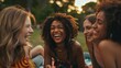 Lustige Picknickzeit: Freunde lachen gemeinsam