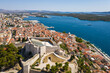 Sibenik, Croatia: Aerial view of the Sibenik St. Michael's Fortress and medieval old town by the Adriatic sea in Croatia on a sunny summer day