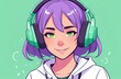 Flat illustration beautiful smiling girl with purple hair listening to lofi music in headphones and look forward to camera,green background.