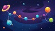 UI play design with funny universe and alien planets on dotted route to the finish line. Cartoon modern illustration of gaming path with steps marked with mysterious cosmic orbs.