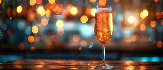 Wall Mural - Champagne glass on wooden table with blurred street bar lights background. Concept Romantic Night Scenes, Bar Setting, Bokeh Effect, Celebration Atmosphere, Moody Lighting