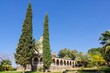 The Church of the Beatitudes near lake Tiberias in Israel is a Catholic church of the Italian Franciscan convent . Magnificent monastery surrounded by columns and slender. Biblical and pilgrimage site