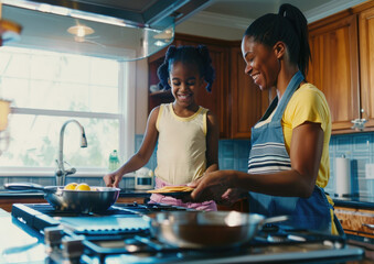 Wall Mural - mother and daughter cooking pancakes in the kitchen, laughing together