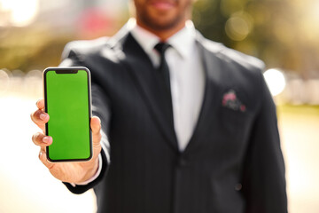 Poster - Hand, show and outdoor with phone, green screen and person in corporate, business and advertising. Mobile, display and technology of product placement, suit and bokeh in city, park and New York
