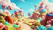 The landscape is a fantasy sweet candy land game with a road, a road of sweet confectionery food and a childish landscape. The cake and confectionery food is combined with chocolate in a dream scene