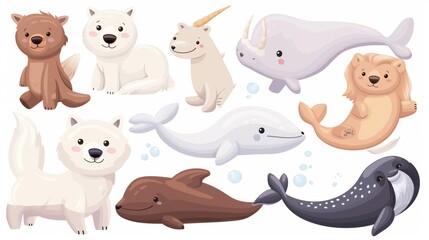Wall Mural - This cartoon illustration set of wild animals from the north pole includes a white wolf, swimming beluga, narwhal, big brown harbor, and a small baby harp seal.