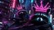 Against a backdrop of vibrant neon lights, a striking image emerges of a black bear adorned with a majestic crown, its paw confidently grasping a gun.
