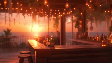 Wall Mural - Tropical summer sunset beach bar background. Outdoor restaurant, Led light candles and wooden tables, chairs under beautiful sunset sky, sea view.	
