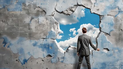 Businessman gazes through a wall opening to a clear sky. Concept of breakthrough, opportunity, and innovation in business attire. Suitable for corporate use. AI