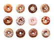 Collection set, assortment of glazed donuts isolated on transparent background, png file