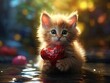 Fluffy white kitten and cat with adorable red heart